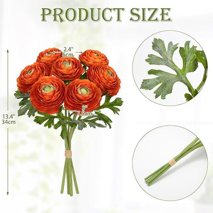 Hollyone 7 Heads Ranunculus Artificial Flowers Orange Fake Ranunculus Small Bouquets Silk Flowers Faux Floral Centerpieces Flower Arrangements for DIY Home Decor Wedding Party Bridal Shower Decoration