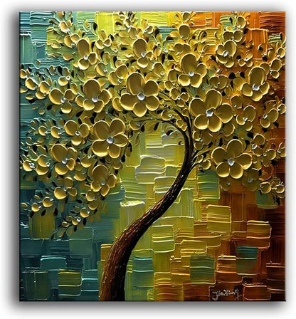YaSheng Art - 3D Oil Paintings On Canvas Golden Flowers Tree Paintings Abstract Artwork Wall Art For living Room,Dinning Room Home Decor Framed Stretched Ready to Hang 24x24inch
