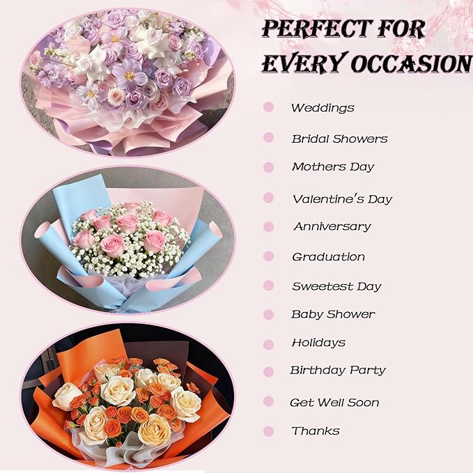 DNSGOOR 548Pcs Flower Wrapping Paper Kit with 200Sheets Double Sided Color Waterproof Bouquet Wrapping Paper Decor Crowns 3D Butterfly Bouquet Pins Ribbons for Valentines Graduation Birthday Party
