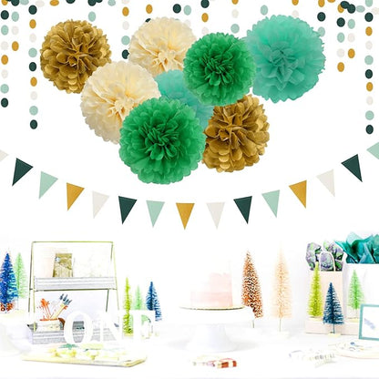 Sage-Green Beige-Gold Baby Bridal-Shower Decorations - 30pcs Rustic Wedding Tissue Pom Poms,Tassel Garland Banner,Birthday Gender Reveal Bachelorette Engagement Party Decor Bunting Lasting Surprise