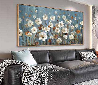 VEAEE Wildflowers Canvas Wall Art, Daisy Flowers Canvas Pictures,Abstract Orange White Floral Blossom Landscape Painting for Living Room Bedroom Kitchen Dining Room Home Office Decor 29"x58"