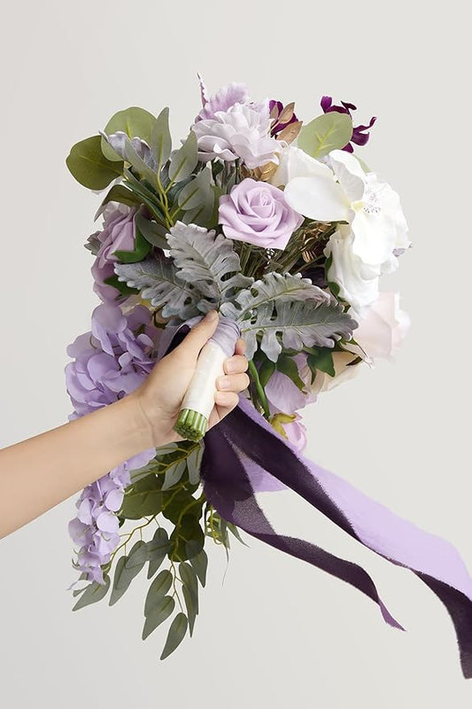 Ling's moment Purple Bridal Bouquet Cascading, Lilac Wedding Bouquets for Bride, 13 Inch Lavender Bride Artificial Flowers Bouquets