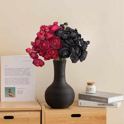 ASTRYAS 24Pcs Black Red Ranunculus Artificial Flowers, Silk Fake Ranunculus Wedding Bouquet for Halloween Home Decor Floral Arrangement Table Centerpieces(Red, Black)