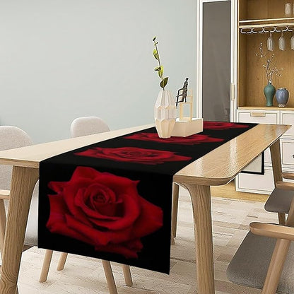 Red Rose Table Runner,Romantic Flower Black Table Runner for Indoor Outdoor Holiday Home Wedding Party 13x90 Inch