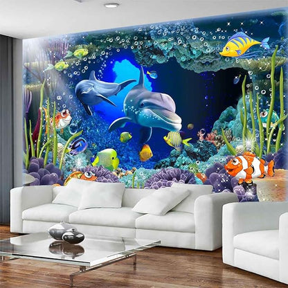 Seabed Flora and Fauna Patterns, Dolphins and sea Fish Free Swimming Wallpaper, Large Art Wall murals (Non-self-Adhesive)