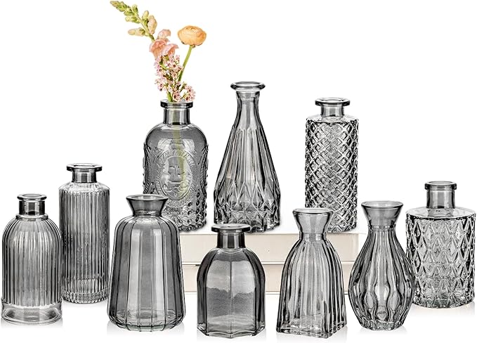 Glass Bud Vases Set of 10, Small Flower Vase in Bulk for Centerpieces, Mini Vintage Grey Vases for Rustic Wedding Vintage Home Table Decor