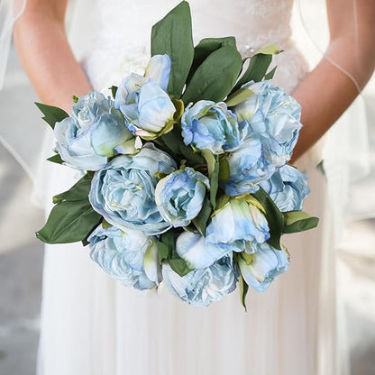 IPOPU Blue Silk Flowers Artificial Peonies 5PCS 10heads Vintage Fake Peonies Blue Silk Peonies with Stems Real Look for Spring Decorations Floral Arrangements Home Table Centerpiece