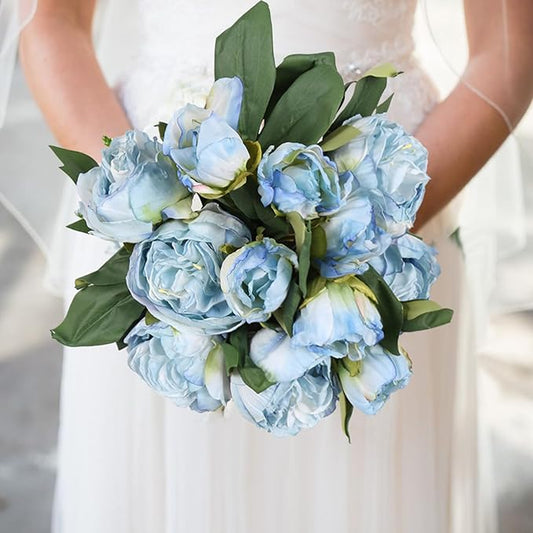 IPOPU Blue Silk Flowers Artificial Peonies 5PCS 10heads Vintage Fake Peonies Blue Silk Peonies with Stems Real Look for Spring Decorations Floral Arrangements Home Table Centerpiece