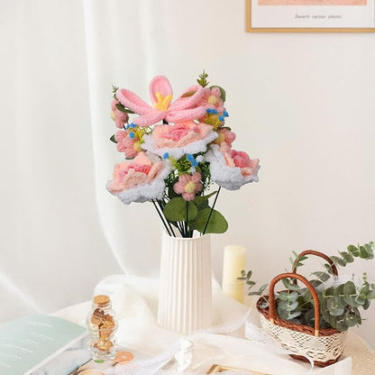 Foyucool Crochet Flowers Bouquet, Handmade Knitted Tulip Rose Bouquet with Gift Bag for Home Deocor, Crocheted Finished Flower for Wedding, Mother's Day, Teachers' Day and Valentine's Day, Pink
