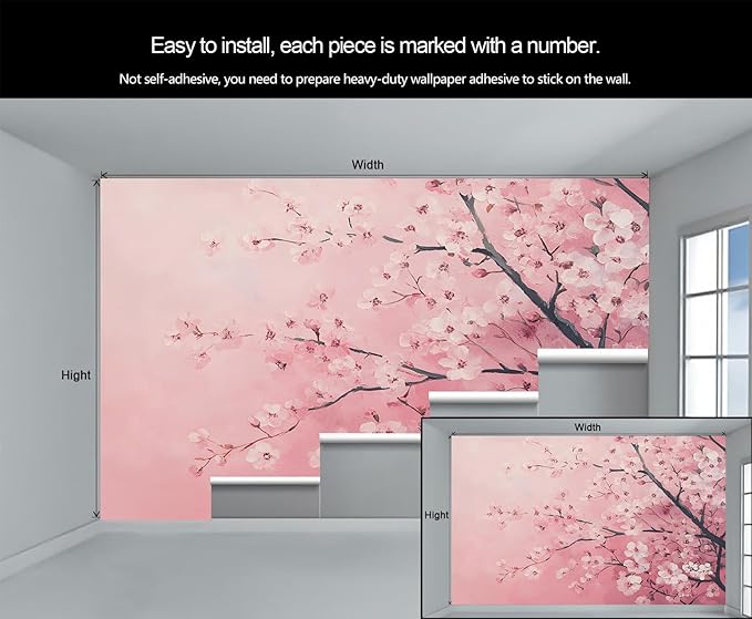 Pink Cherry Blossom Wall Mural, Romantic Cherry Blossom 3D Wall Murals, Japanese Flower Wallpaper Mural, for Living Room Bedroom Large Wallpaper Indoor Decor 78.7" W x55.1 H