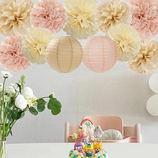 Champagne Beige Paper Flowers Tissue Pom Poms Honeycomb Lanterns 15pcs Party Decorations for Boho Fall Rustic Birthday Baby Shower Neutral Autumn Wedding Bridal Hanging Decor Mprocherify