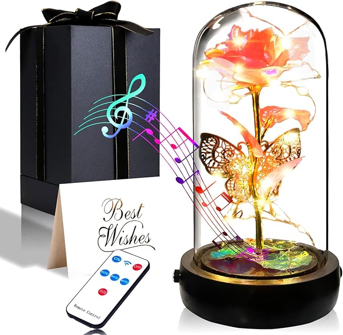 Birthday Rose Flower Gifts for Women, Glass Flower Gift for Mom from Daughter Son, Rose Gold Light Up Rose in Glass Dome with Music Box for Her Wife Grandma