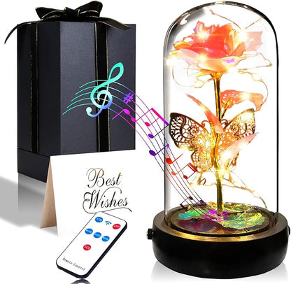 Birthday Rose Flower Gifts for Women, Glass Flower Gift for Mom from Daughter Son, Rose Gold Light Up Rose in Glass Dome with Music Box for Her Wife Grandma