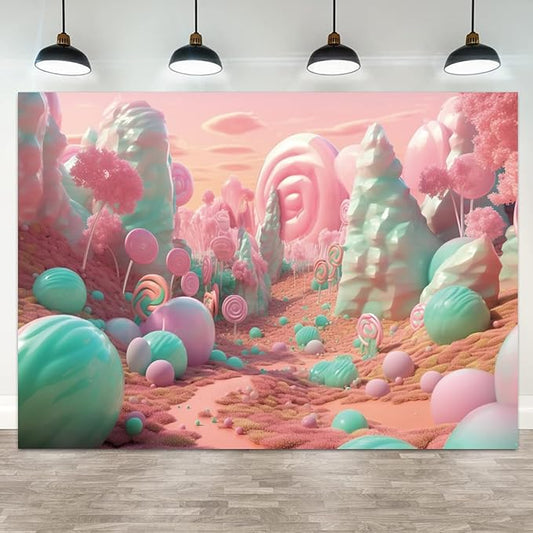 20x10ft Candyland Backdrop Pink and Teal Lollipop Photography Background Fairytale Kingdom Candy Sweet Girl Princess Birthday Banner Decorations Newborn Baby Shower Portrait Photo Booth Prop