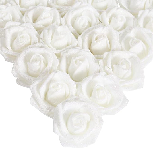 IPOPU Artificial Roses,25pcs White Glitter Roses Glitter Flowers Foam Roses with Stems for DIY Wedding Bridal Bouquet Home Party Decoration(White)