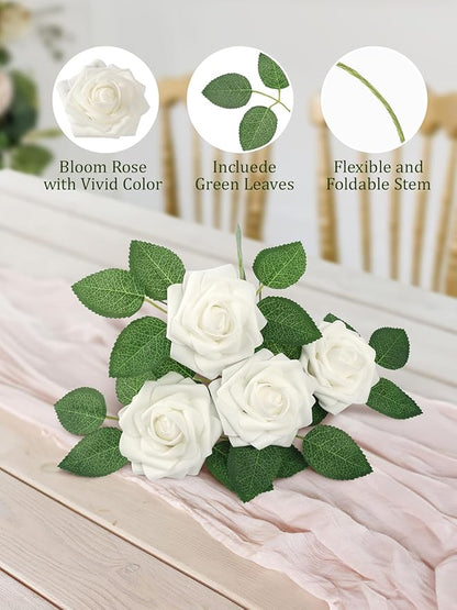 MACTING White Artificial Flower Roses 30PCS Fake Flowers with Stem Real Touch Foam Roses for DIY Wedding Bouquet Arrangements Table Centerpieces Party Bridal Shower Home Spring Valentines Day Decor