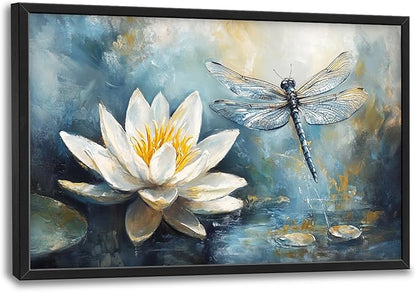 Extra Large Lotus Dragonfly Framed Wall Art for Living Room,Abstract Blue Lotus Flower Lake Pictures Wall Decor,Nature Canvas Print Painting Modern Artwork Bedroom Office Bathroom 36L x 24W
