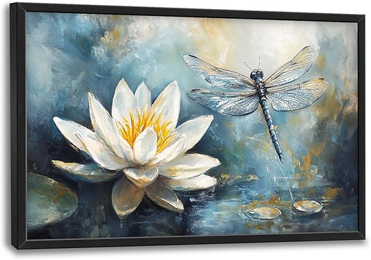 Extra Large Lotus Dragonfly Framed Wall Art for Living Room,Abstract Blue Lotus Flower Lake Pictures Wall Decor,Nature Canvas Print Painting Modern Artwork Bedroom Office Bathroom 36L x 24W