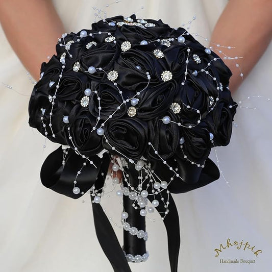 Bridal Wedding Bouquet Round Bling Brooch Bouquet Throw Toss Artificial Rose Flower Bunch for Bride Bridesmaid Wedding Quinceanera(Black, 9.8")