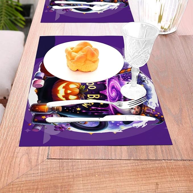 PVC Placemats Set of 4 Wipeable Table Mats Washable Heat Resistant Non Slip Vinyl Dining Table Mat for Kitchen Indoor Outdoor Patio Farmhouse Place Mats Purple Halloween Magic Cauldron Decorative