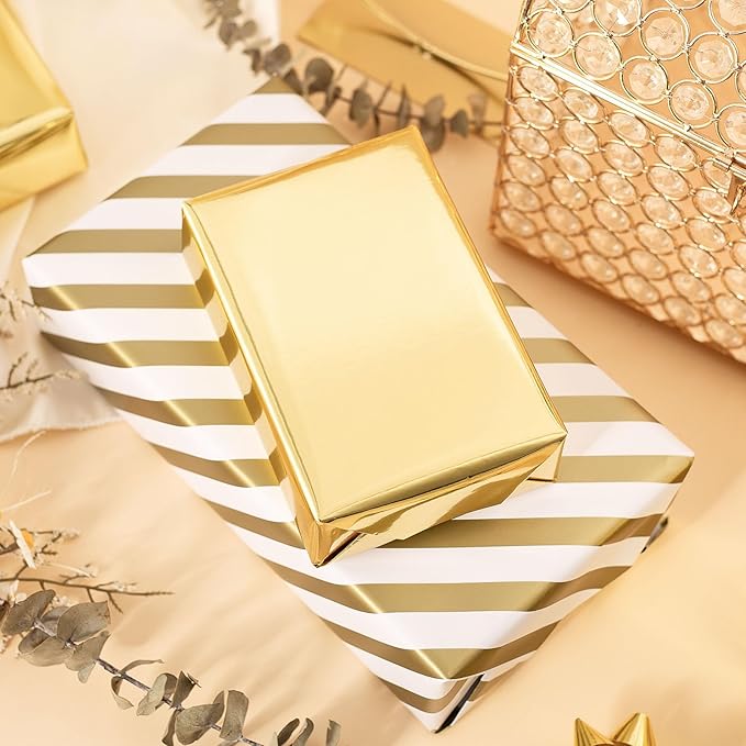 Merture Reversible Gold Wrapping Paper Roll - 17 In X 32.8 Ft(46.5 sq.ft.) Metallic Gold and Stripe Design Gift Wrap for Christmas, Wedding, Birthday, Valentines Day, Mothers Day, Baby Shower