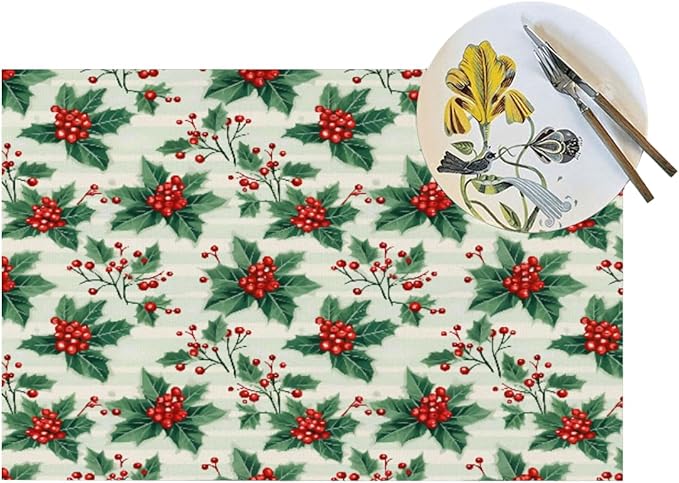 PVC Placemats Set of 1 Wipeable Table Mats Washable Heat Resistant Non Slip Vinyl Dining Table Mat for Kitchen Indoor Outdoor Patio Farmhouse Place Mats Christmas Red Berry Decorative