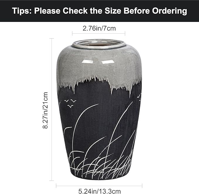 Black and Gray Vase, 8 Inch Grey Ceramic Vase with Crackle Finish, Minimalist Decorative Vases for Modern Home Decor, Office Desk, Living Room Table Centerpiece