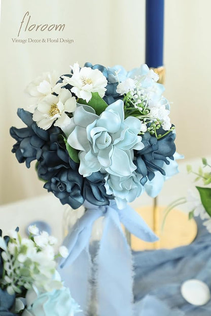 Floroom Artificial Gardenia Flowers 2.7" 25pcs Real Looking Dusty Blue Shades Foam Fake Flowers with Stem for DIY Wedding Bouquets Bridal Shower Centerpieces Floral Arrangements Party Table Decoration