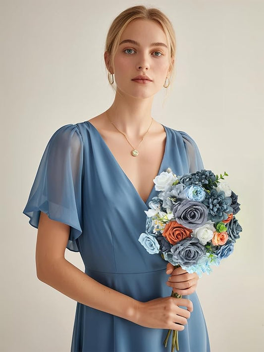 Dusty Blue White Orange Artificial Flowers Combo for DIY Centerpieces Arrangements Wedding Bridal Bouquet Table Chair Decor Candle Holder Baby Shower Cake Decor Flower Strips Home Décor