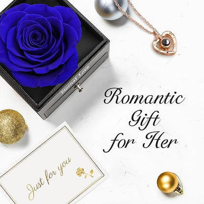 for Mom Wife Women Girlfriend Her, Preserved Real Rose with I Love You Necklace in 100 Language, Eternal Real Rose Flower Gifts for Valetine's Day Birthday Anniversaries