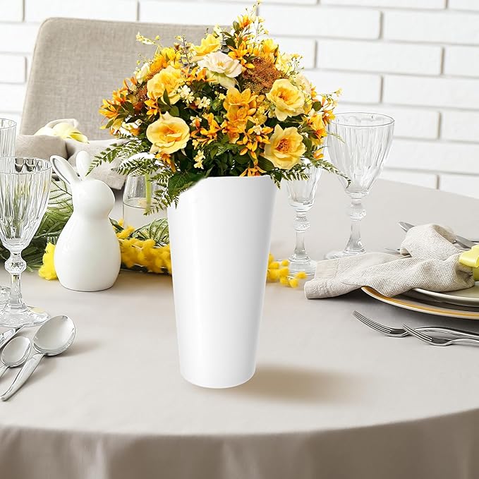 24 Pack Flower Buckets 9.84 Inch Plastic Flower Vases, Decorative Flower Buckets for Flower Bar, Modern Round Vases for Centerpieces Floral Display, Table Home Wedding Decorations (White)