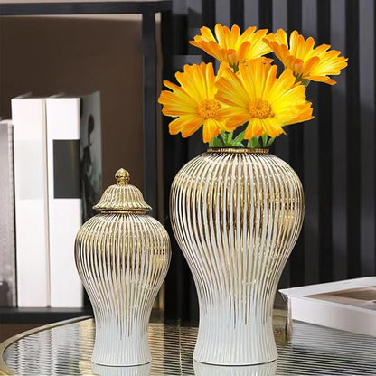 Ginger Jar, White Gold Ceramic Vase Large Handmade Porcelain Vases with Lid, White Gold Decorative Flower Vase for Home, Living Room, Weddings, Centerpieces (B-Medium)