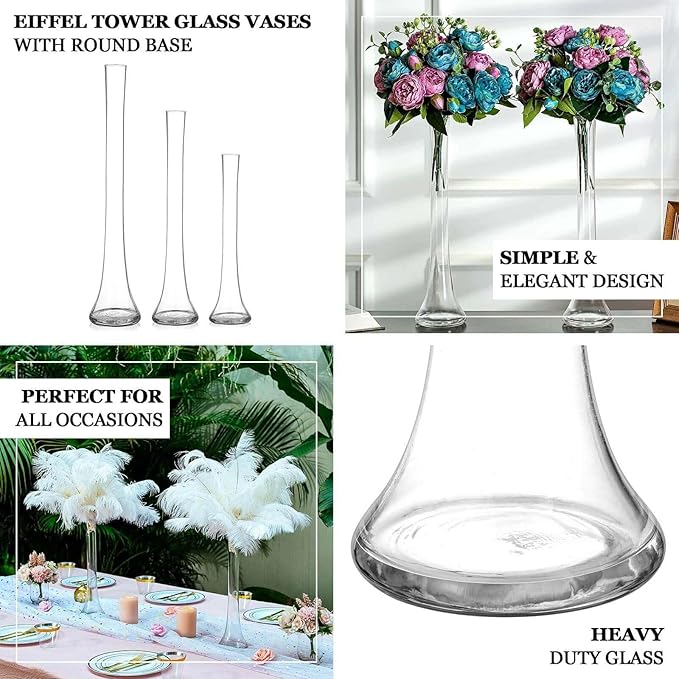 Efavormart 6 Pack Clear Heavy Duty Eiffel Tower Glass Vases with Round Base, Tall Skinny Flower Bud Vase Centerpieces - 20"