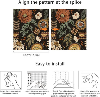 JiffDiff Boho Peel and Stick Wallpaper 17.3" x 240" Vintage Sun Floral Retro Removable Contact Paper Paper Dark Botanical Flowers Bathroom Bedroom Renter Friendly Wall Mural