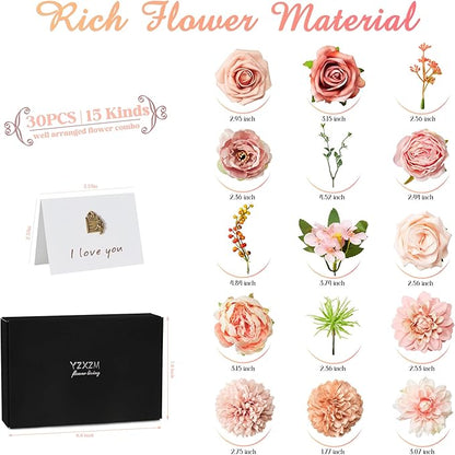 Artificial Flowers Combo Box, Fake Silk Foam Flower Mix with Wire Stem, DIY Wedding Bridal Bouquet Shower Party Home Décor (30-40 Pieces) (Pink)