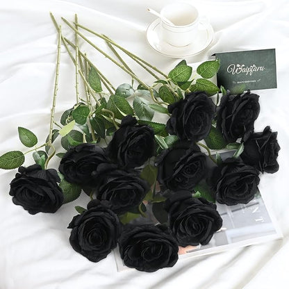 Waipfaru 16 Pcs Artificial Flowers Fake Silk Black Roses Bulk, Faux Real Touch Roses Bouquet with Long Stem for Wedding Party Home Decor (Black)