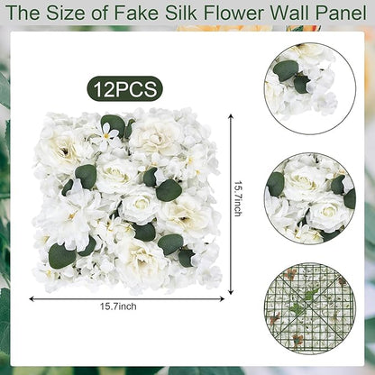 Pack of 12 Artificial Silk Flower Panels, Faux Floral Wall Background for Wedding Party Engagement Bridal Shower Arrangement Home Decorations - White