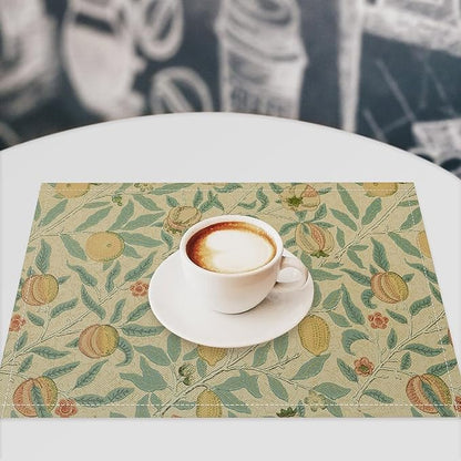Vintage Floral Placemats Set of 4, William Morris Retro Fruit Boho Botanical Plant Place Mats, Heat Resistant Non Slip Cotton Linen Dining Table Mats for Home Kitchen Party 18x12 Inch