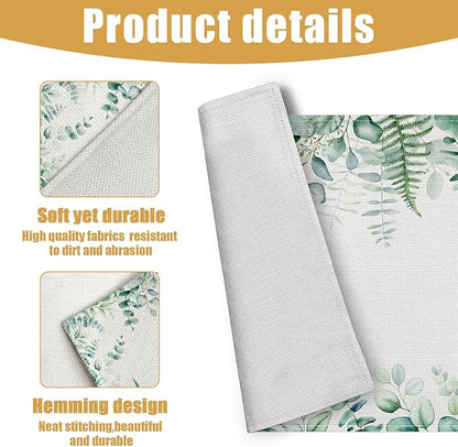 Eucalyptus Leaves Placemats Set of 6, Sage Green Linen Place Mat Washable Stain Resistant Table Mats for Farmhouse Kitchen Dining Party Wedding Decor 12x18 Inch