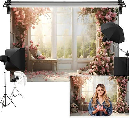 9x6ft Flowers Backdrop Pink Rose Floral Green Leaves White Window Sunlight Misty Romantic Photography Background Party Birthday Wedding Bridal Shower Studio Photo Props Polyester