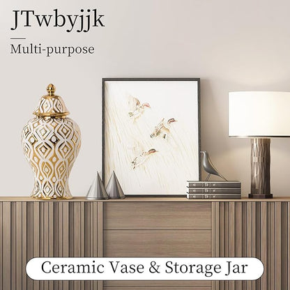 White and Gold Vase with Lid, Ginger Jars for Home Decor, Ceramic Flower Vase for Home, Kitchen, Bookshelf Decor, Storage jar, Table Center Vase, Centerpieces Jarrones(12.59in)