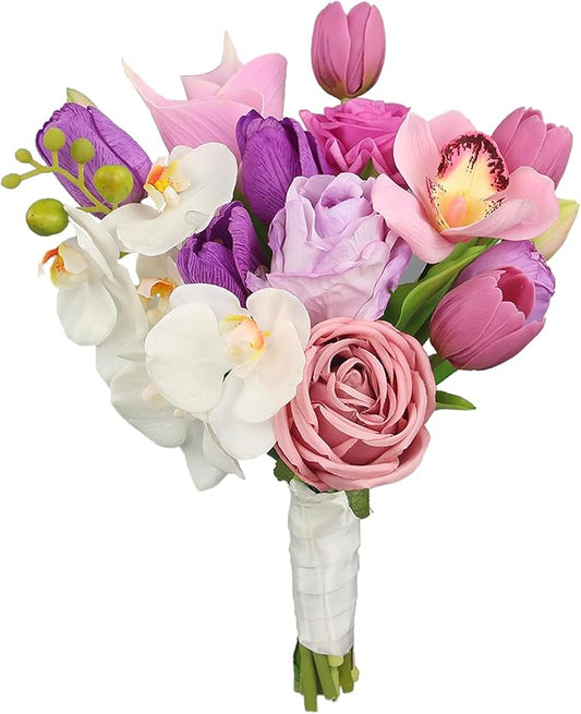 Rinlong 9.8 Inch Silk Posy Bouquet Wedding Bouquets for Bride Artificial Tulips Small Bridal Bouquet for Wedding Ceremony Dark Pink