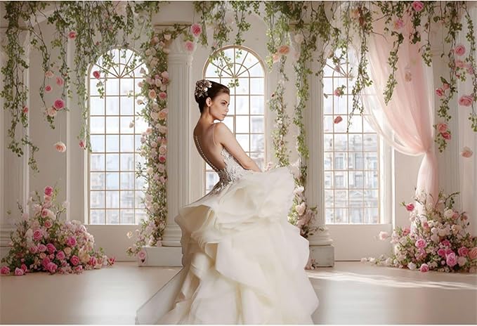 Baocicco Pink Palace Backdrops 5x3ft White and Pink Windowsills Botanical Background Princess Birthday Party Banner Supplies Wedding Ceremony Anniversary Engagement Banner Photo Booth Studio Prop