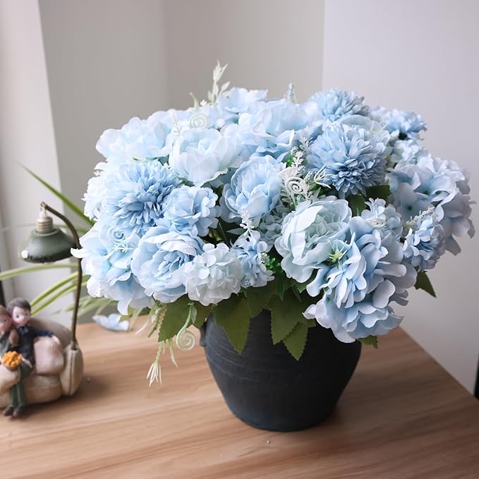 ASTRYAS Artificial Flowers, 4Pcs Blue Artificial Peonies Fake Peony Silk Hydrangeas for Decoration Faux Flower Arrangements for Home Decor Wedding Party (Light Blue)