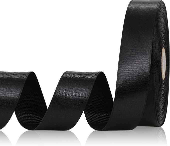 Black Ribbon 1 Inch 60 Yards, Versatile Black Satin Ribbon for Flower Bouquet, Graduation Lei, Crafts, Gift Wrapping, Baby Shower, Halloween and Wedding Decorations