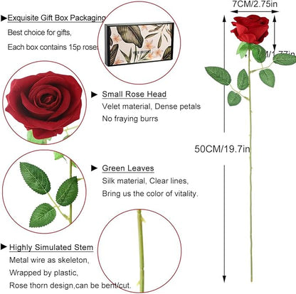 15Pcs Pearl Red Roses Artificial Flowers Fake Roses Long Stem Velet Rose Silk Flowers for Home Wedding Decoration (Pearl Roses,Red)