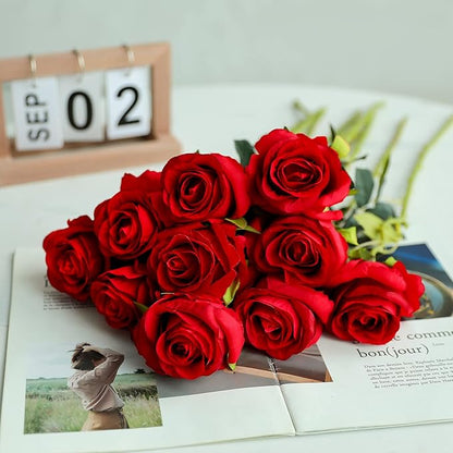 8PCS Artificial Silk Roses in Bulk & Bouquet Long Stem – Realistic Fake Roses for Wedding Centerpieces, Home Decor, Floral Arrangements, Party Decoration (Red)