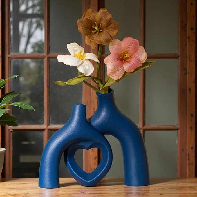 Snuggle Hollow Decorative Ceramic Vase, 8.3 Inch Hug Donut Modern Nordic Boho Style Vases for Aesthetic Home Decor, Anthropologie Living Room Shelf Coffee Table Décor (Navy Blue)