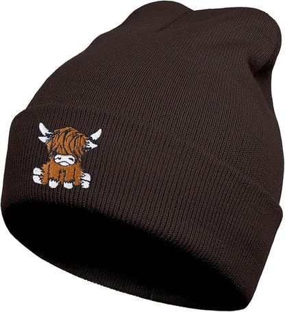 Scottish Highland Cow Beanie Hat, Cute Funny Cow Embroidery Winter Knit Skull Cap for Adult Men Women