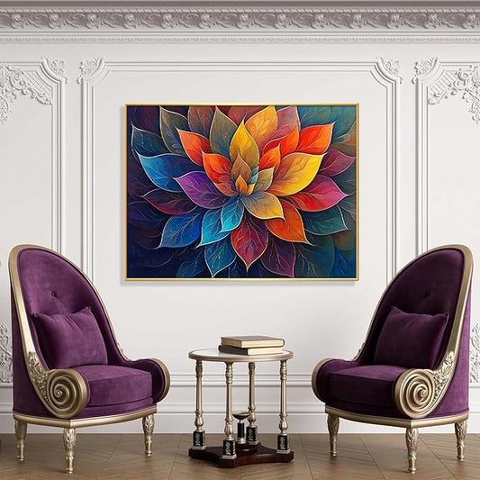 Colorful Flower Canvas Wall Art, Abstract Floral Canvas Prints, Lotus Blossom Pictures Wall Decor, Zen Painting, Yoga Studio Wall Decor (Gold Framed, 27"Wx19"H/70x50cm)